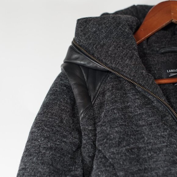Lamarque Women's Size XS Black Gray Puffer Jacket Hooded Wool Leather Coat NWT - Picture 7 of 7
